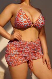 Red Sexy Print Backless Halter Plus Size Swimwear Three Piece Set (With Paddings)