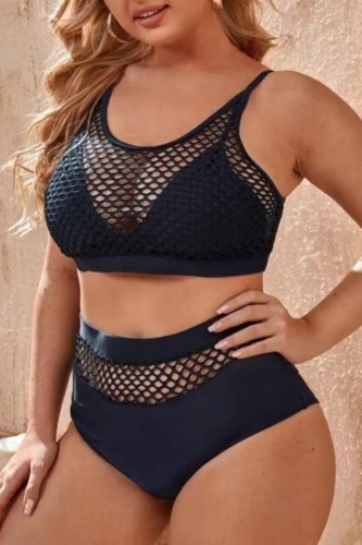 Black Sexy Solid Hollowed Out See-through O Neck Plus Size Swimwear (With Paddings)