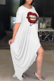 White Casual Print Asymmetrical O Neck Short Sleeve Dress Plus Size Dresses