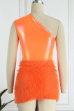 Tangerine Red Sexy Solid Patchwork Oblique Collar Sleeveless Two Pieces