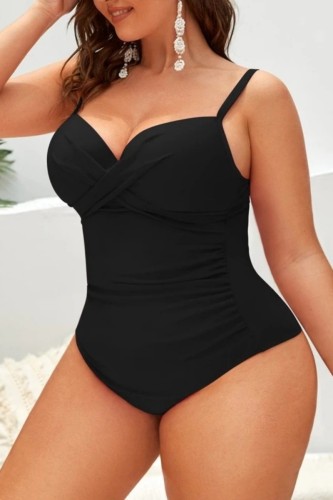Black Sexy Solid Backless Spaghetti Strap Plus Size Swimwear (With Paddings)