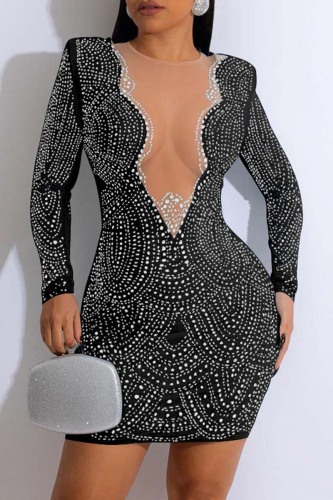 Black Sexy Patchwork Hot Drilling See-through O Neck Long Sleeve Dresses