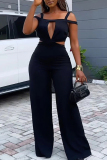 Black Sexy Solid Hollowed Out Regular Jumpsuits