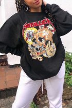 Black Street Vintage Print Patchwork O Neck Tops