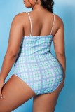 Light Blue Sexy Print Hollowed Out Backless Spaghetti Strap Plus Size Swimwear (With Paddings)