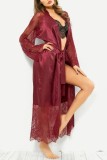 Burgundy Sexy Solid Patchwork See-through Cardigan Lingerie