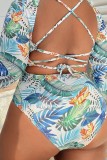 Multicolor Sexy Print Backless Cross Straps O Neck Plus Size Swimwear (With Paddings)