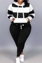Plus Size Black White Casual Striped Patchwork Contrast Hooded Collar Two Pieces