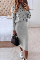 Light Gray Casual The stars Patchwork O Neck Long Sleeve Two Pieces