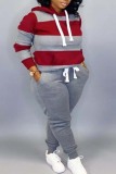 Plus Size Rose Red Casual Striped Patchwork Contrast Hooded Collar Two Pieces
