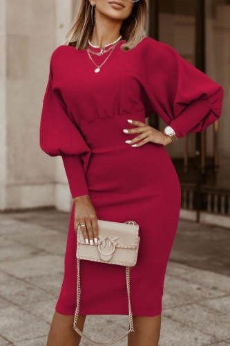 Burgundy Casual Solid Basic O Neck One Step Skirt Dresses