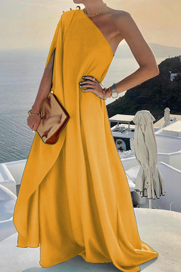 Yellow Casual Solid Patchwork One Shoulder Straight Dresses