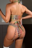 Multicolor Sexy Print Hollowed Out Patchwork Backless Swimwears (With Paddings)