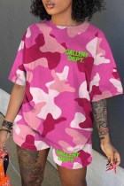 Pink Casual Camouflage Print Letter O Neck Short Sleeve Two Pieces