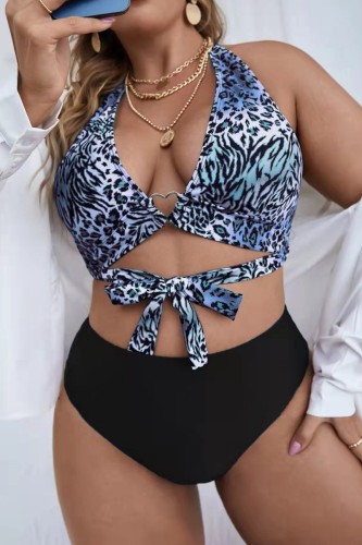 Blue Sexy Print Bandage Backless Halter Plus Size Swimwear (With Paddings)