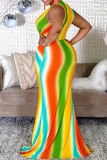 Plus Size Red Yellow Sexy Print Patchwork V Neck Long Dress Dresses