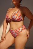 Red Sexy Print Backless Halter Plus Size Swimwear Three Piece Set (With Paddings)