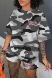 Army Green Casual Camouflage Print Letter O Neck Short Sleeve Two Pieces