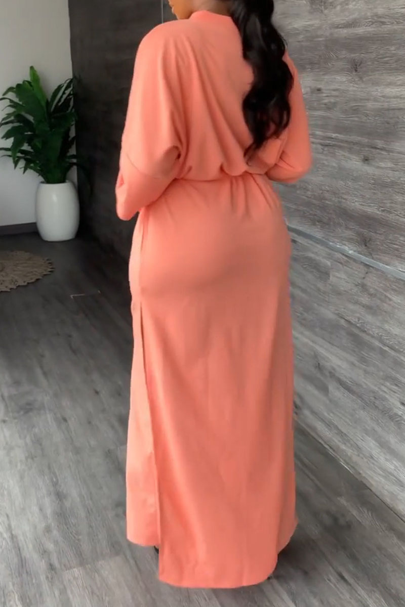 Fashion Casual Solid Patchwork Slit V Neck A Line Dresses  (Without Belt)