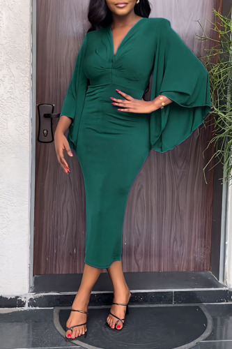 Green Sexy Solid Patchwork V Neck One Step Skirt Dresses