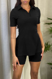 Black Casual Solid Patchwork Slit Turndown Collar Short Sleeve Two Pieces