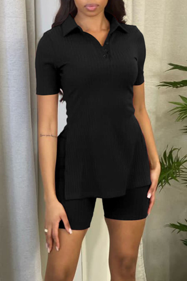Black Casual Solid Patchwork Slit Turndown Collar Short Sleeve Two Pieces