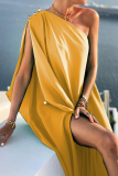 Yellow Casual Solid Patchwork One Shoulder Straight Dresses