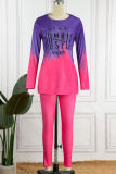 Purple Casual Print Slit O Neck Long Sleeve Two Pieces