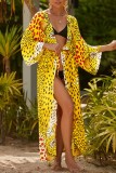 Yellow Sexy Casual Print Frenulum Cardigan Swimwears Cover Up