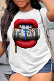 Black Casual Lips Printed Patchwork O Neck T-Shirts