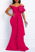 Rose Red Sexy Solid Pearl V Neck Evening Dress Dresses