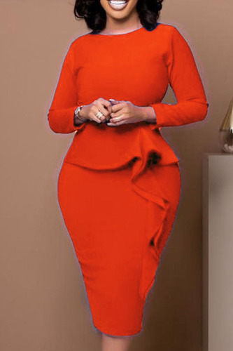 Tangerine Red Casual Elegant Solid Patchwork Flounce O Neck One Step Skirt Dresses