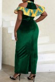 Ink Green Sexy Formal Print Hollowed Out Patchwork Slit Half A Turtleneck One Step Skirt Plus Size Dresses