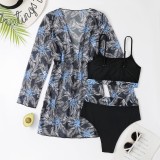 Royal Blue Sexy Print Patchwork Swimsuit Three Piece Set (With Paddings)