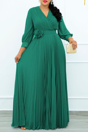 Green Casual Elegant Solid Patchwork Fold With Belt V Neck Straight Dresses
