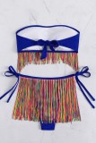 Blue Sexy Patchwork Tassel Bandage Backless Swimwears (With Paddings)