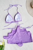 Purple Sexy Solid Bandage Backless Swimsuit Three Piece Set (With Paddings)