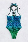 Turquoise Sexy Gradual Change Print Bandage Hollowed Out Backless Swimwears (With Paddings)