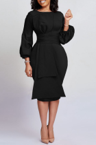 Black Casual Solid Flounce O Neck Waist Skirt Dresses
