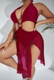 Burgundy Sexy Print Solid Bandage Patchwork Backless Swimsuit (With Paddings)