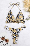 Yellow Sexy Print Leopard Bandage Patchwork Backless Swimwears (With Paddings)