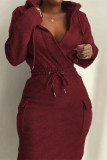 Burgundy Fashion Casual Solid Patchwork V Neck Long Sleeve Dresses