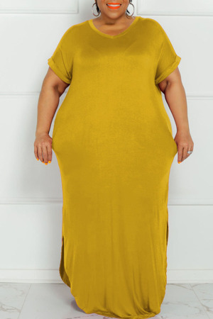 Yellow Casual Solid Patchwork Slit V Neck Straight Plus Size Dresses