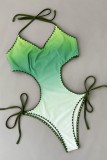 Green Sexy Gradual Change Print Bandage Backless Swimwears (With Paddings)