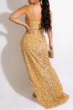 Apricot Fashion Sexy Patchwork Sequins See-through Backless Spaghetti Strap Irregular Dress