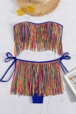 Blue Sexy Patchwork Tassel Bandage Backless Swimwears (With Paddings)