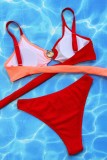 Red Sexy Patchwork Hollowed Out Backless Contrast Swimwears (With Paddings)
