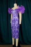 Purple Fashion Sexy Print Patchwork Slit Off the Shoulder Evening Dress