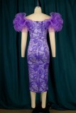 Purple Fashion Sexy Print Patchwork Slit Off the Shoulder Evening Dress