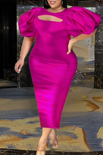 Rose Red Elegant Solid Hollowed Out Patchwork O Neck Evening Dress Plus Size Dresses
